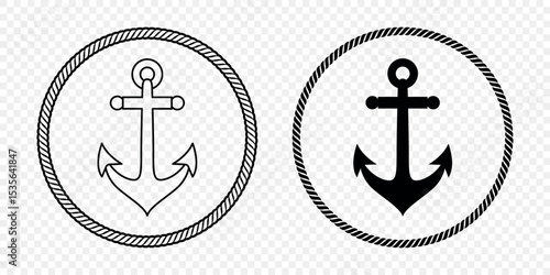 Black and White Anchor Icon Set. Flat Vector Monochrome Anchor Shapes in Circular Rope Frame. Nautical Anchor Symbols, Marine Rope Border Design. Vector Illustration
