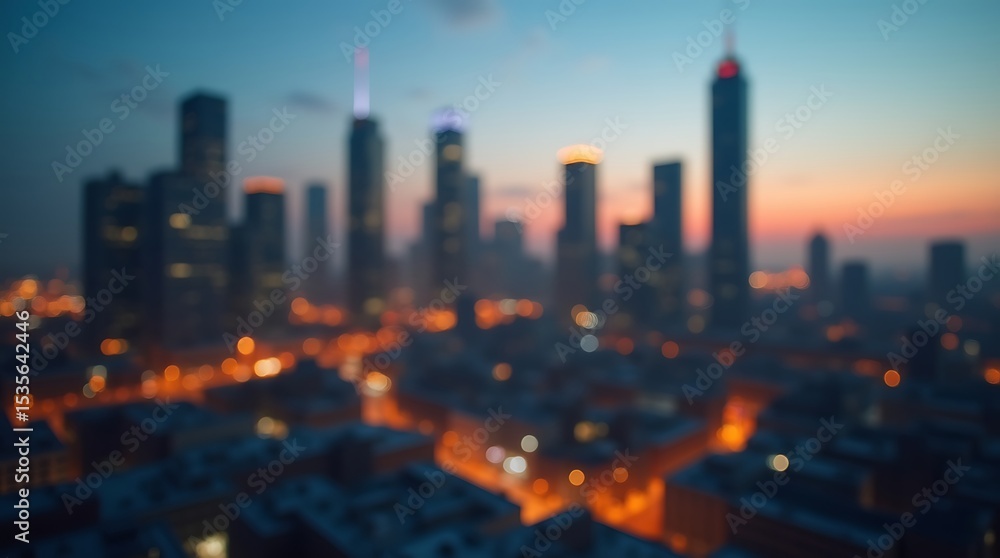Fototapeta premium Sophisticated business background: Blurred, bustling city skyline at dusk with warm office lights.