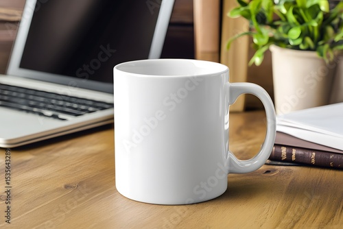 White Coffee Mug on Wooden Desk with Laptop and Greenery