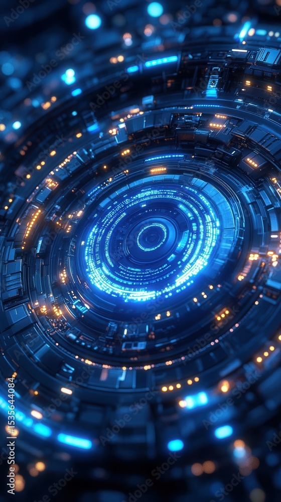 Fototapeta premium Futuristic Circular Interface with Illuminated Blue and Orange Lights