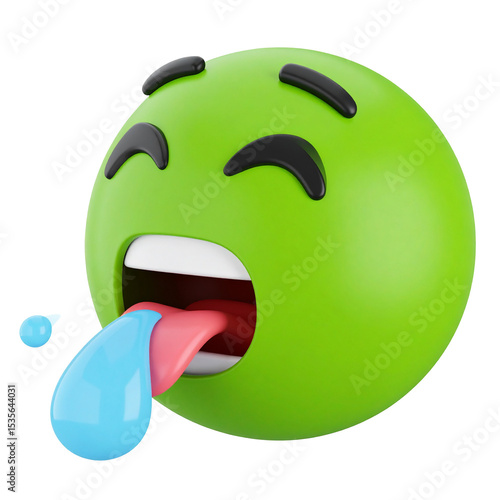 Sick emoji green face with tongue out drooling 3d rendering illustration isolated on  transparent background
