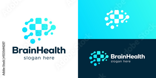 Creative modern brain health logo template. Simple plus with brain dot connection logo design vector illustration.