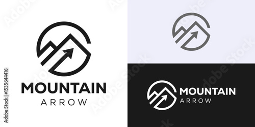 Creative simple mountain arrow logo template. Geometric mountain with arrow up logo design vector illustration.