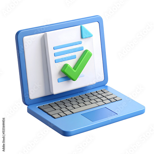 Online form submission laptop checklist approval digital document done isolated on  transparent background