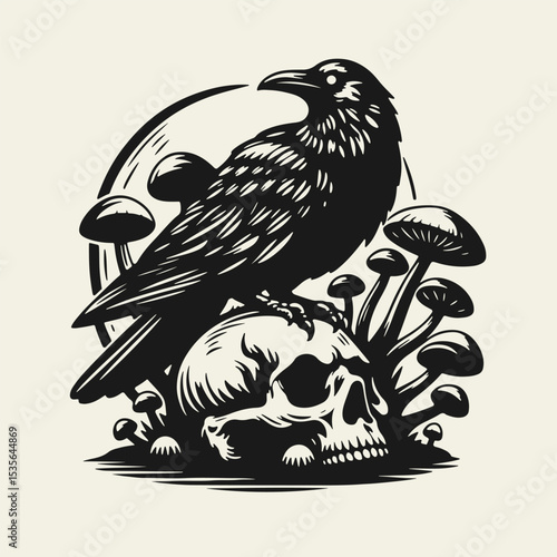 Monochrome flat vector illustration of a raven perched on a skull with mushrooms growing from it. Dark, gothic style with fantasy and horror elements, great for tattoo or print.