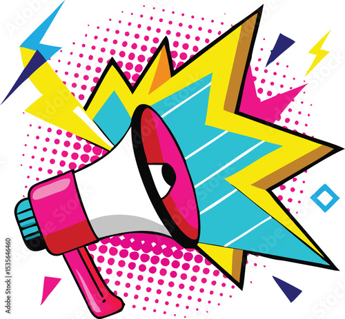 "Colorful Megaphone Pop Art Graphic for Social Media Announcements"

