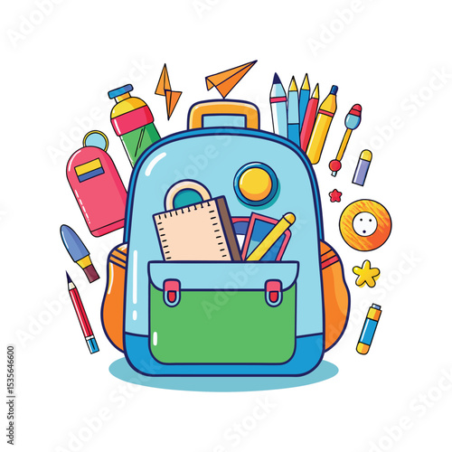 Colorful School Backpack with Stationery Items Clipart – Kids School Bag Illustration

