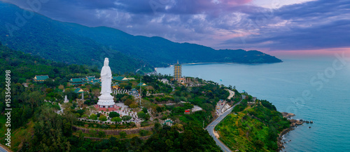 Fotografie Aerial view of linh ung pagoda and lady buddha statue in Da nang at sunset