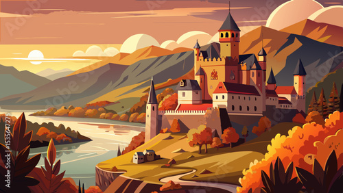 Burg Katz castle and romantic Rhine river in autumn at sunset, Germany .Very beautiful