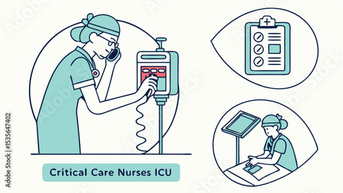 Line Art Set Icon Pack Critical Care Nurses I C U Teal and Red Medical Equipment vector