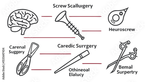 Line Art Set Icon Pack Depicting Medical Instruments and Brain for Rehabilitation Procedures Screw Scallugery Carenal