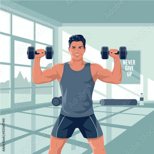 Healthy muscular man lifting dumbbells in modern gym fitness workout exercise strong bodybuilding room sport power muscle