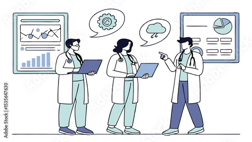 Line Art Set Icon Three Doctors Meeting Discussing Data Charts Graphs Cloud Computing Gear Technology on White Background