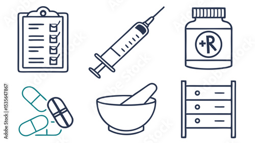 Minimalist Line Art Icon Set Healthcare Symbols Medical Supplies Dark Blue Teal vector