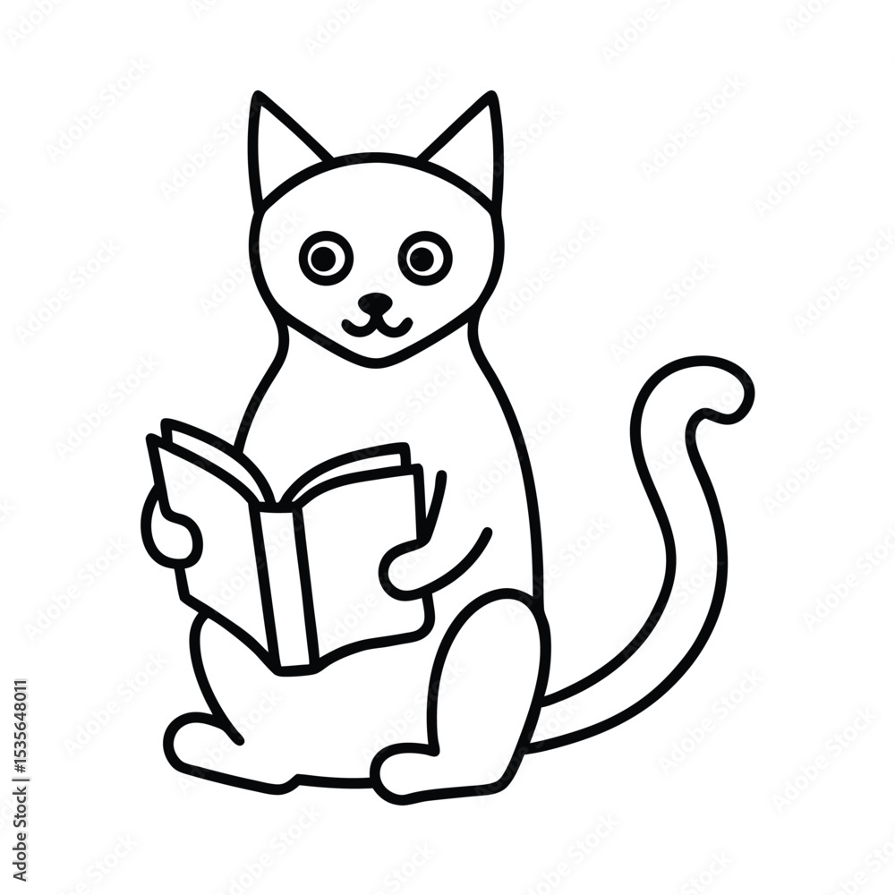 Cat Reading Book Smart Pet Education Theme Line Art Cat Reading Book Smart Pet Education Theme Line Art