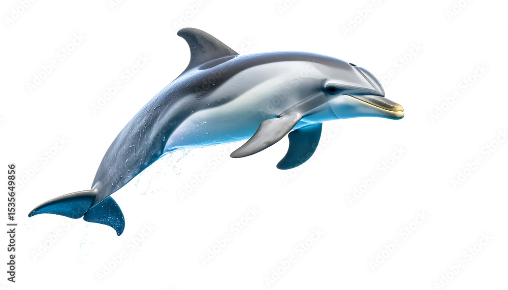 Fototapeta premium Dynamic image of a dolphin mid-jump, highlighting its playful nature and streamlined form, presented on a clear PNG background.