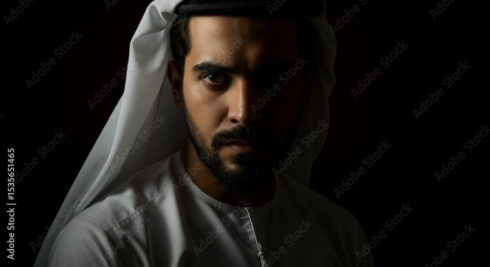 Intense Gaze: A Man's Portrait - A powerful portrait symbolizing strength, determination, mystery, culture, and heritage. The man's intense gaze commands attention against a dark background Intense Gaze: A Man's Portrait - A powerful portrait symbolizing strength, determination, mystery, culture, and heritage. The man's intense gaze commands attention against a dark background