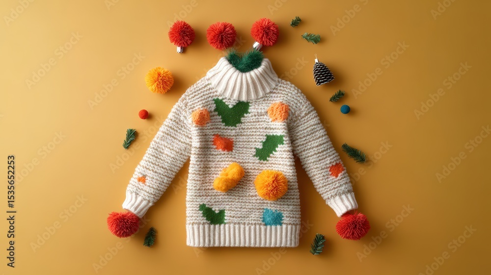 Obraz premium Adorable handmade knitted Christmas sweater with colorful pom poms and festive decorations on yellow background