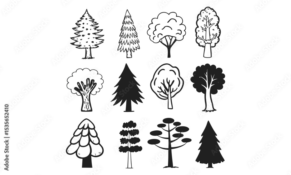 Fototapeta premium Collection of various tree illustrations in black and white
