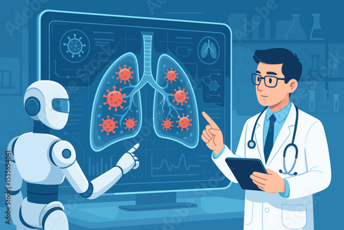 Doctor and AI robot collaborate on diagnosing lung disease. Futuristic medical technology concept with virus on screen. Healthcare innovation, pneumonia, covid-19 research in lab.