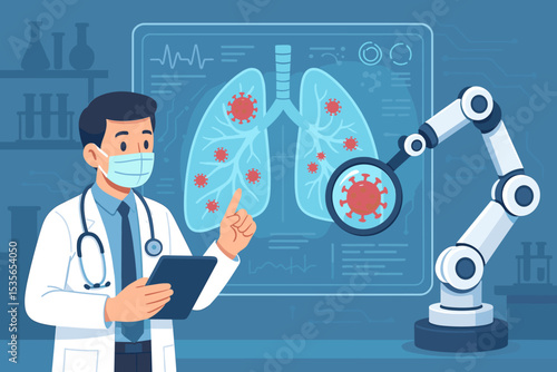 Robotic medical innovation concept. Doctor uses AI and tablet to analyze virus in human lungs. Healthcare technology, futuristic diagnosis, pulmonology research and laboratory analysis.