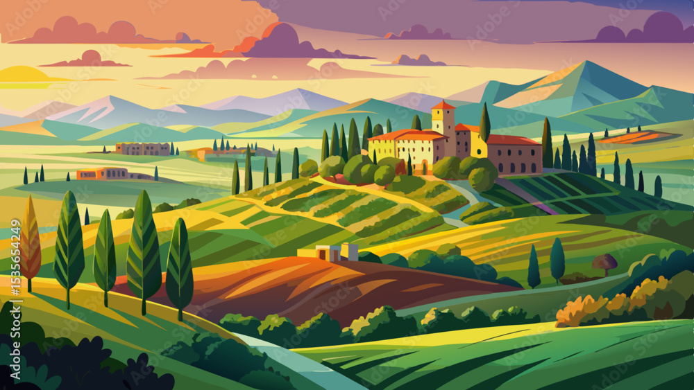 Fototapeta premium Tuscany landscape panorama at sunrise, Val d'Orcia, Italy .Very beautiful