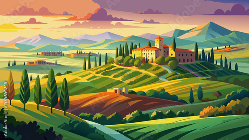 Tuscany landscape panorama at sunrise, Val d'Orcia, Italy .Very beautiful