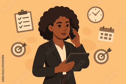 Businesswoman multitasking, managing tasks and time. Concept for productivity, efficiency, and project management. Professional black woman planning schedule and setting goals.