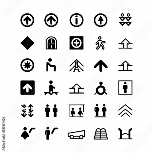 Design a set of minimalist icons for an airport terminal signage system, including gates, restrooms, baggage claim, information desks, and security checkpoints.