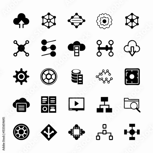 Design a set of diverse, modern icons representing various API integration methods and cloud technologies.  Include visual metaphors for seamless data flow and connectivity.