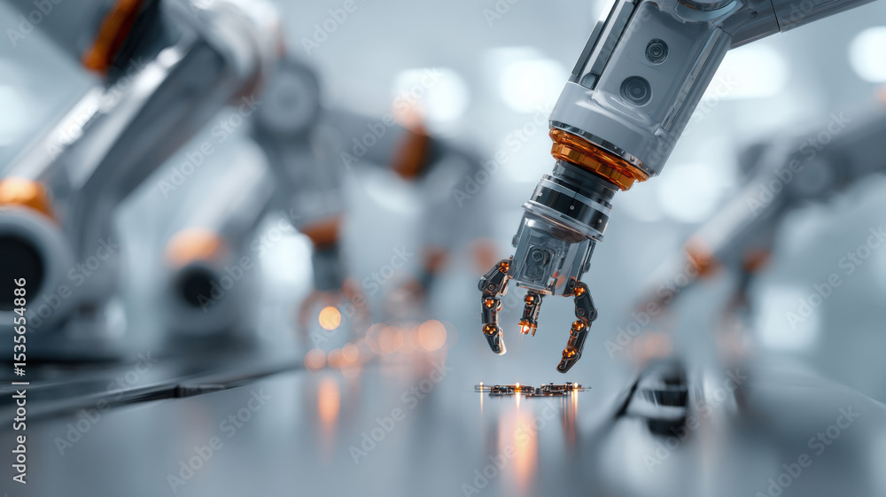 Close-up of robotic arms working precisely on a metallic surface Close-up of robotic arms working precisely on a metallic surface