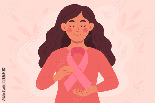 Woman holding a pink ribbon for Breast Cancer Awareness Month. Concept of support, hope, and solidarity. Female health care and charity campaign vector illustration for oncology.