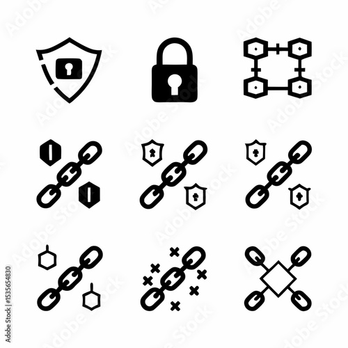 Design a set of vector icons representing blockchain security features, including encryption, key management, and distributed ledger technology.