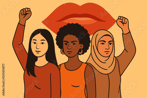 Group of diverse women raising fists. Multicultural friends, Asian, Black, Muslim, united for feminism and equality. Concept of female empowerment, girl power, solidarity and protest.