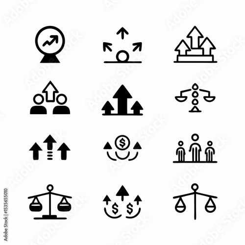 Create a set of vibrant, modern icons representing business pivot, scaling, growth, expansion, and adaptation strategies.  Include imagery suggesting innovation and progress.