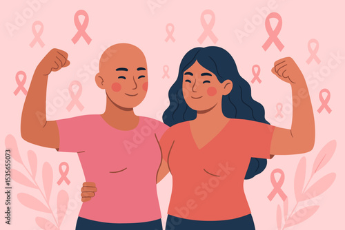 Breast Cancer Awareness Month concept. Woman supporting cancer patient friend during chemotherapy. Strong women show strength and hope. Pink ribbon symbol of female solidarity.