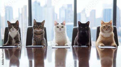 Five diverse cats hold serious corporate business meeting in modern office boardroom