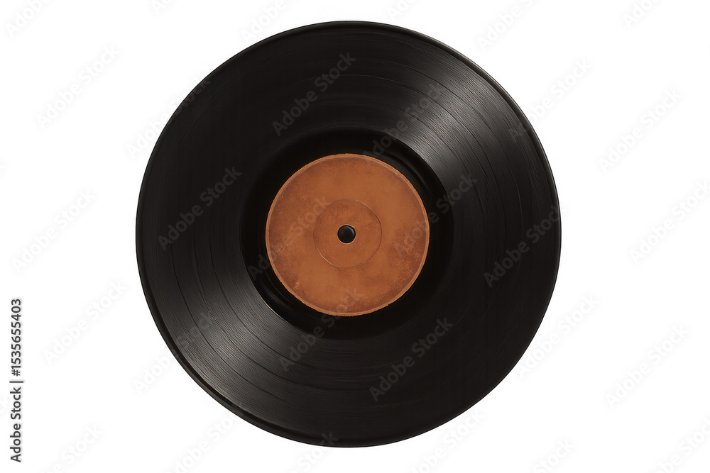 Obraz premium Top view of a black vinyl record with a brown label, isolated on a transparent background, perfect for music-related projects
