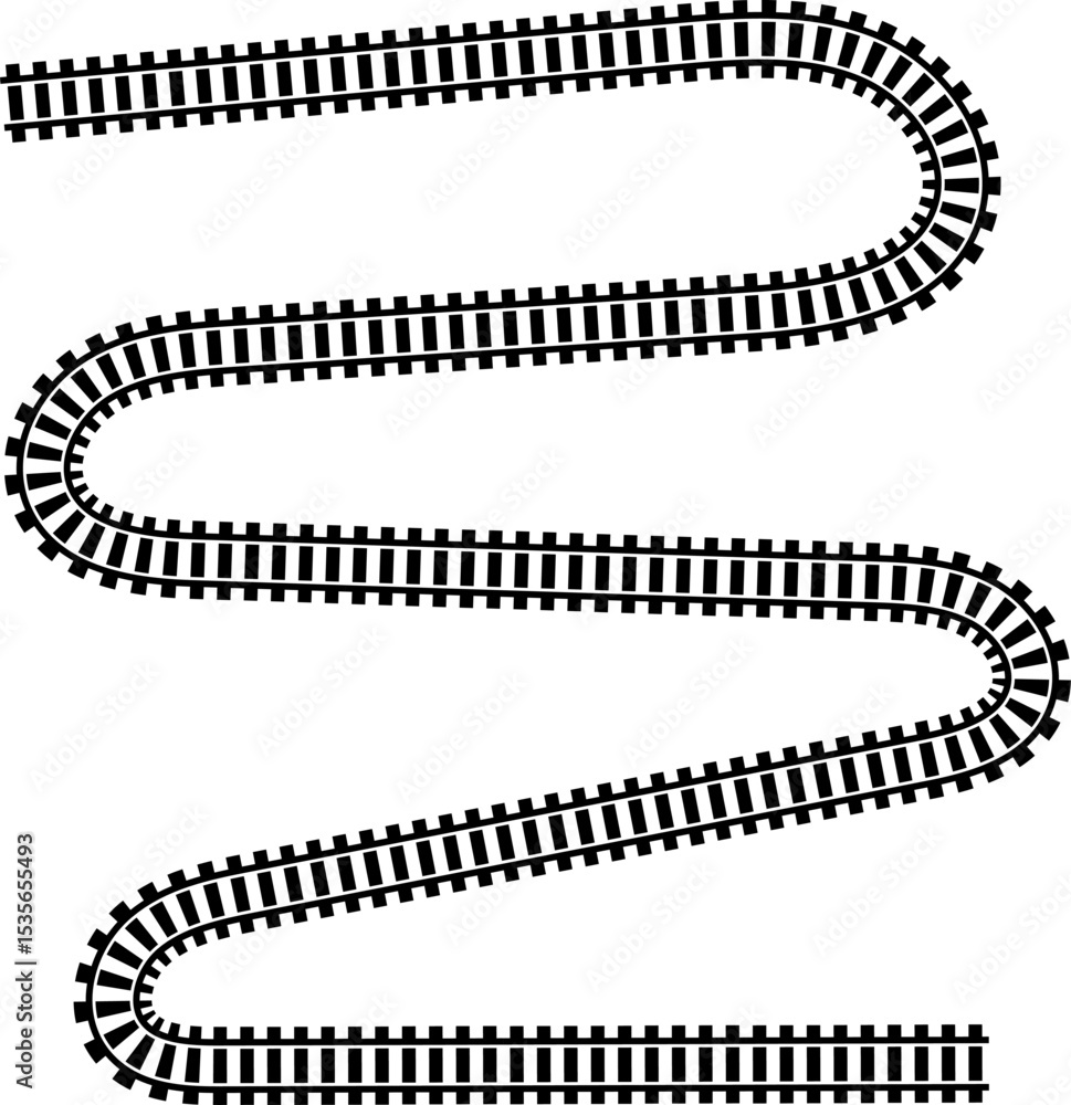 Obraz premium Railway train track vector route. Rail line, subway map, and railroad elements for game UI and graphic design icon set easy to edit. Rail pattern round circular curve railroad path icon