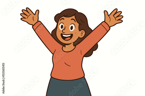 Vector illustration of a happy woman celebrating. Cheerful cartoon character with arms up in the air, showing joy, success and excitement. Positive person isolated on white.