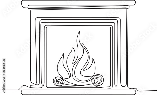 continuous line drawing of a traditional fireplace with dancing flame and firewood in a modern black and white silhouette style

