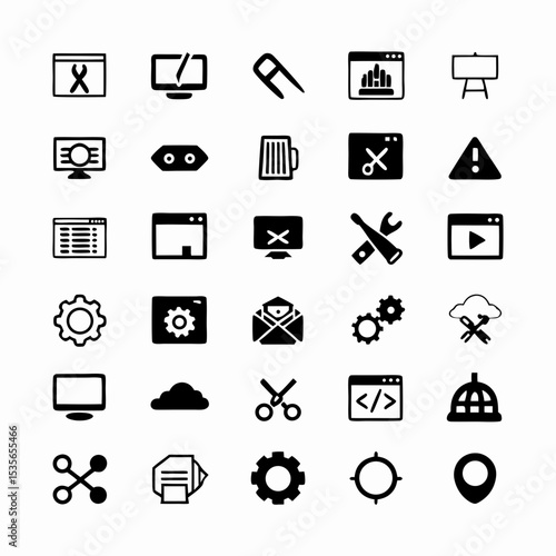 Create a diverse icon pack depicting various aspects of coding and software development, including  programming languages, debugging, databases, and cloud computing.
