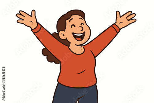 Happy cartoon woman celebrating success with arms up. Joyful female character cheering, expressing excitement and triumph. Overjoyed person with hands raised. Vector illustration.