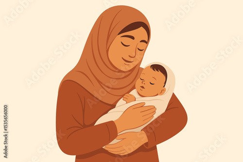 Gentle Muslim mother in a hijab lovingly cradles her sleeping newborn baby. A tender embrace symbolizing motherhood, unconditional love, family, and new life. Islamic parenting.