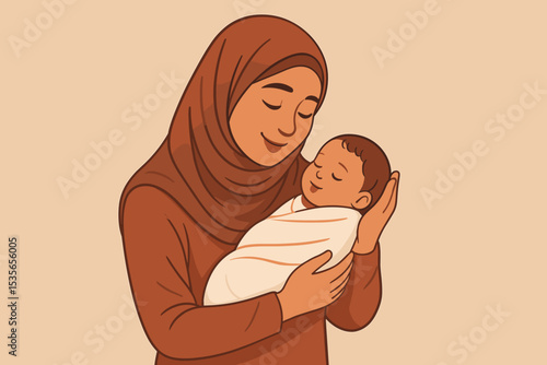 Muslim mother in hijab holding her newborn baby. Loving Islamic woman embracing her child. Vector illustration of motherhood, maternal love, and family care. Happy Mother's Day.