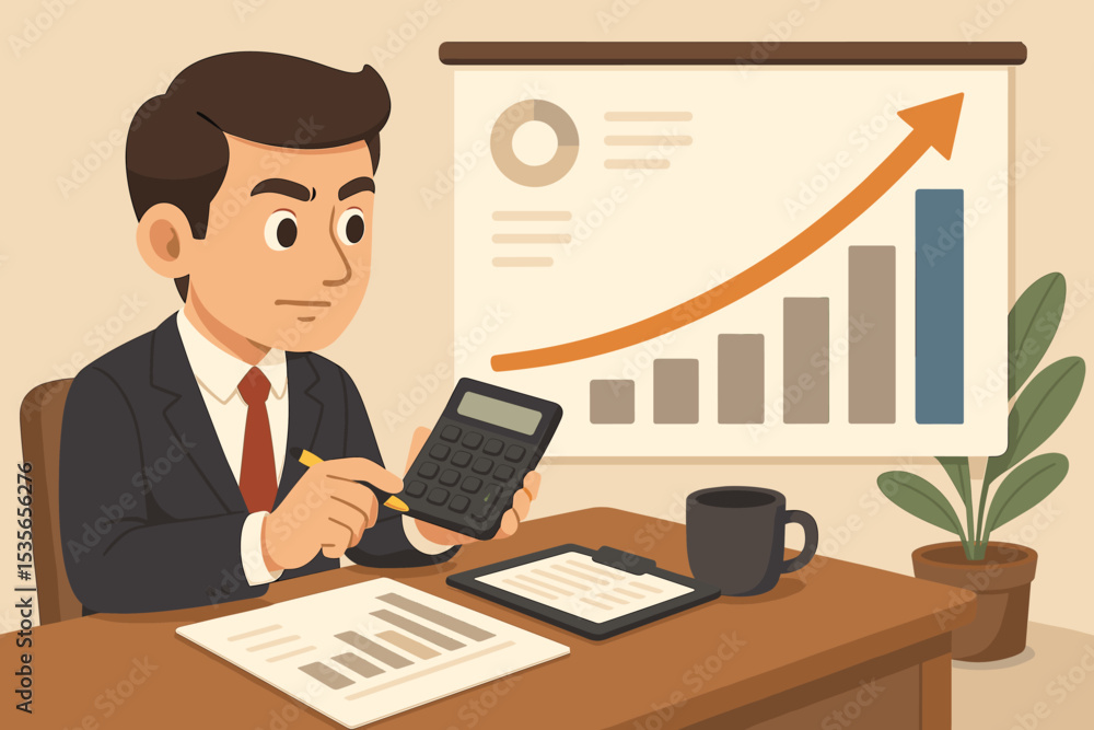 Businessman analyzing financial report for business growth. Accountant working with calculator and charts at office desk. Concept of investment, profit, and market analysis. Businessman analyzing financial report for business growth. Accountant working with calculator and charts at office desk. Concept of investment, profit, and market analysis.