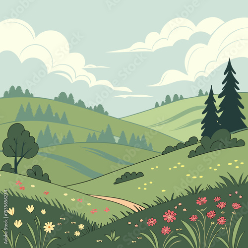  Rolling Green Hills with Wildflowers: Idyllic Countryside Landscape
