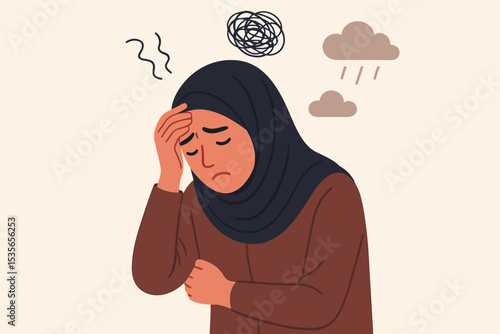 Anxious Muslim woman in hijab with depression and headache. Mental health issues concept. Psychology metaphor with tangled thoughts, stress, burnout. Sad mood disorder illustration.