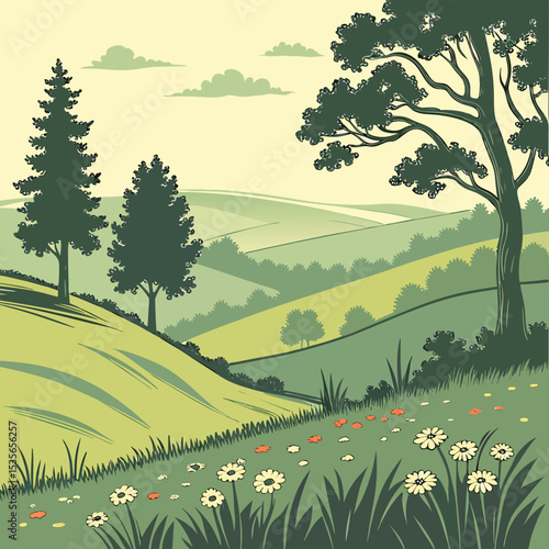  Peaceful Green Hills Landscape with Pine and Deciduous Trees