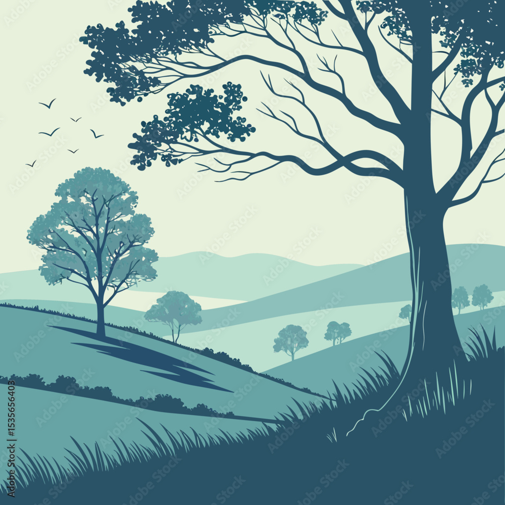 Fototapeta premium Serene Blue Hills and Trees Landscape Illustration